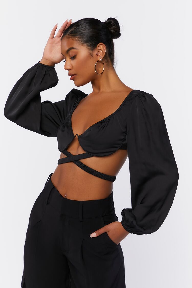 Women Cutout Peasant-Sleeve Top in Black,  XS FOREVER 21 on sale 2022