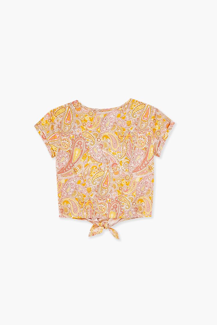 Girls Paisley Print Knotted Tee (Kids) in Yellow,  13/14 (Girls on sale 2022 2