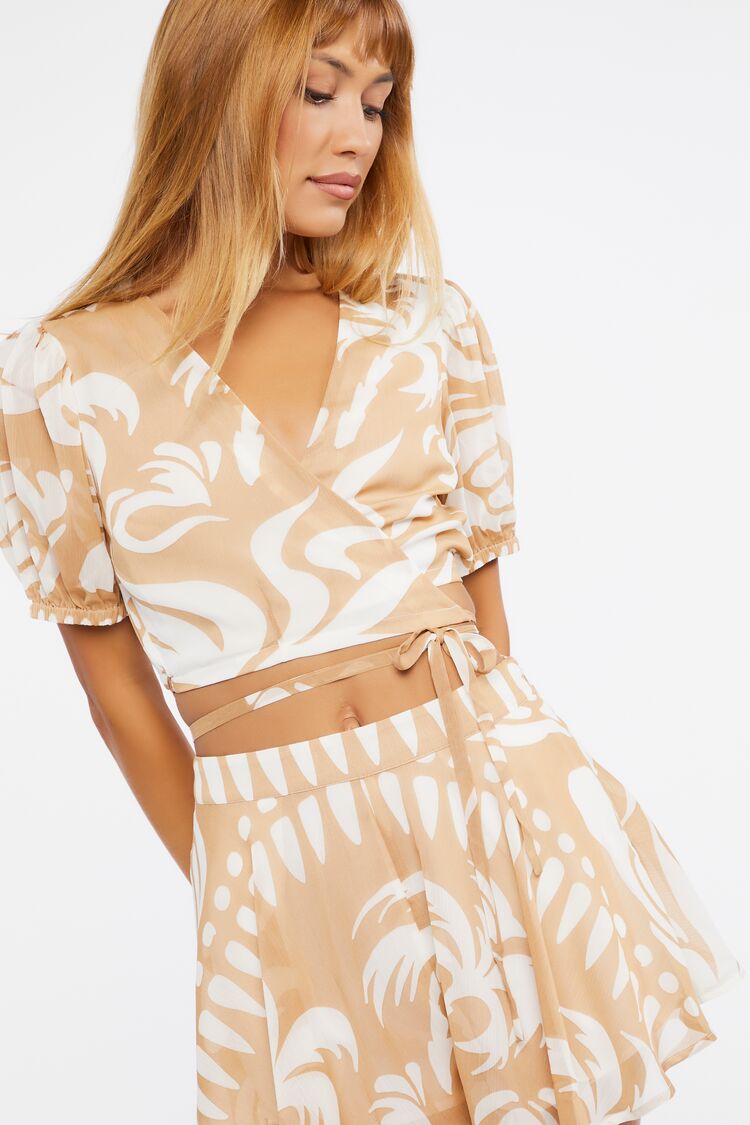 Women’s Tropical Print Cropped Wrap Top in Safari Medium Cropped on sale 2022