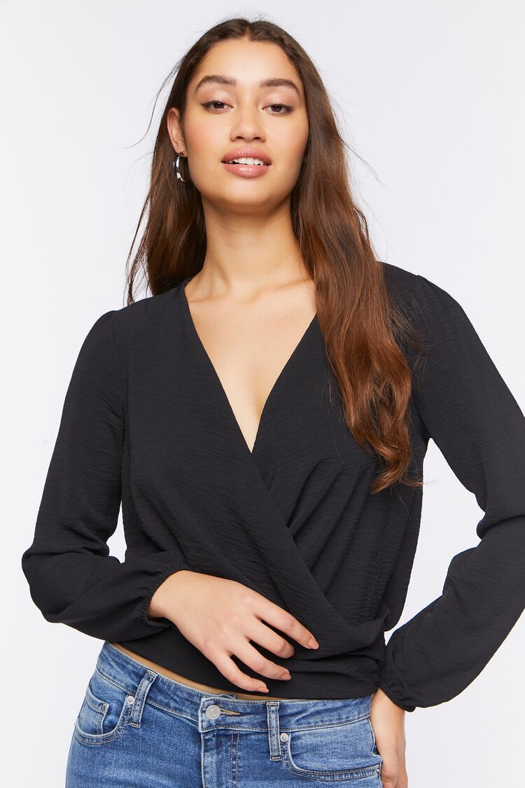 Women’s Surplice Long-Sleeve Top in Black Large black on sale 2022