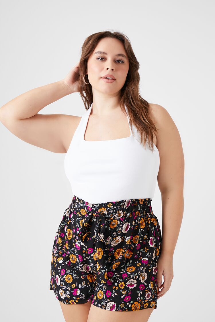 Plus Size Smocked Floral Print Shorts