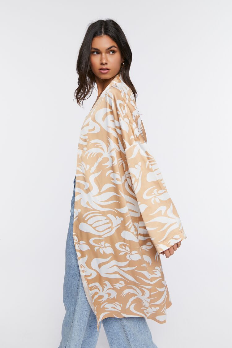 Women Tropical Print Satin Kimono in Cream/Taupe,  XL FOREVER 21 on sale 2022 4