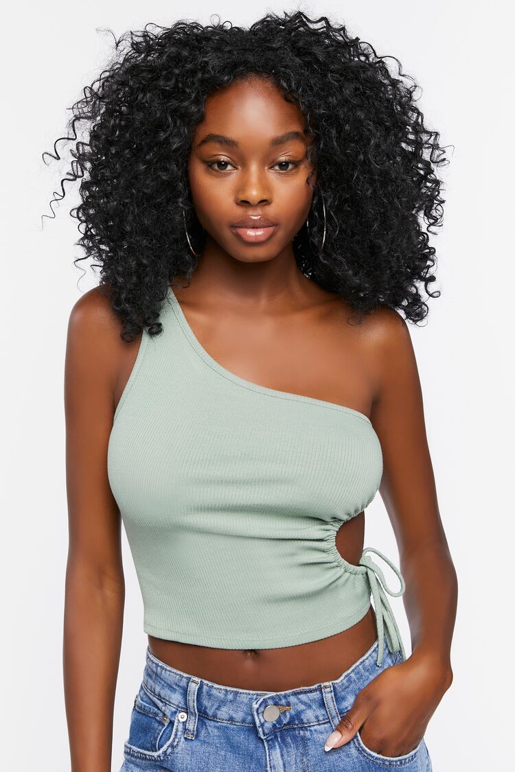 Women Cutout One-Shoulder Crop Top in Sage Small FOREVER 21 on sale 2022