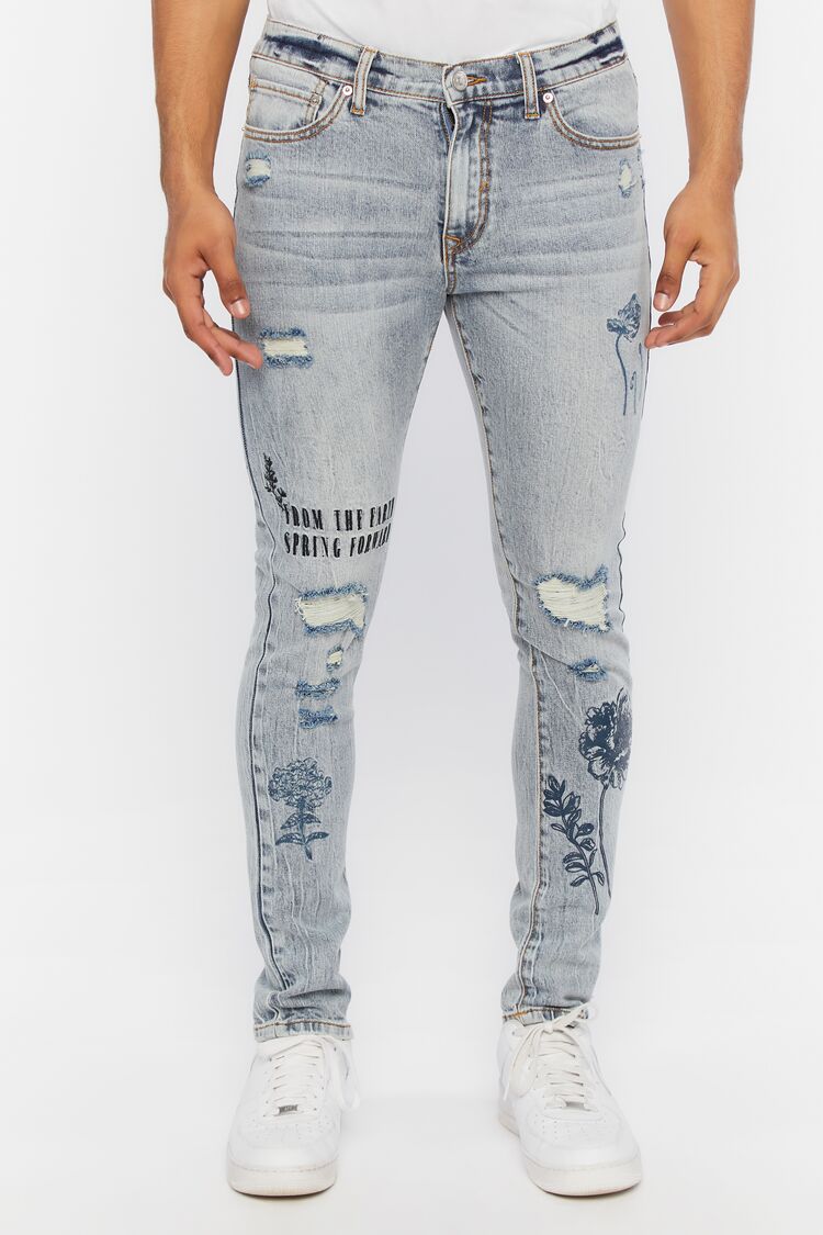 Floral Graphic Distressed Skinny Jeans