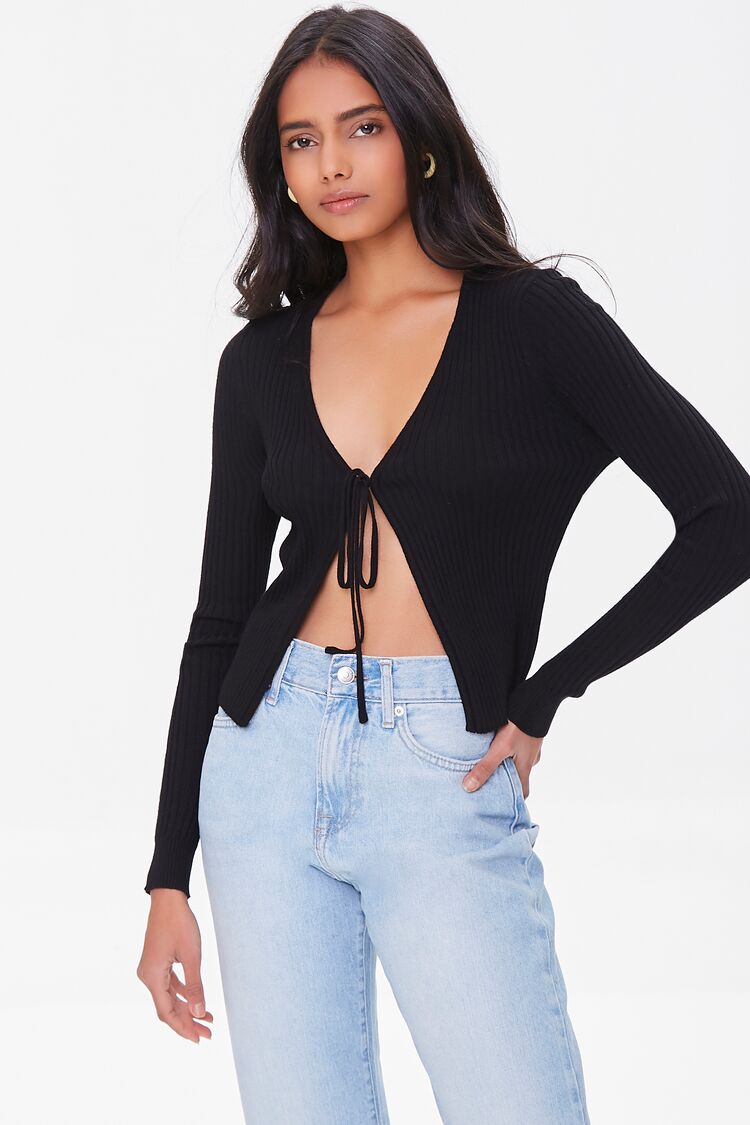 Women Tie-Front Sweater-Knit Top in Black Large FOREVER 21 on sale 2022