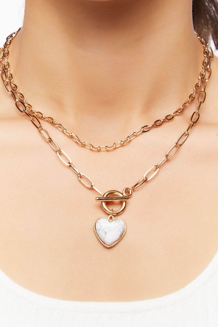 Women’s Marble Heart Layered Necklace in Gold/White Accessories on sale 2022