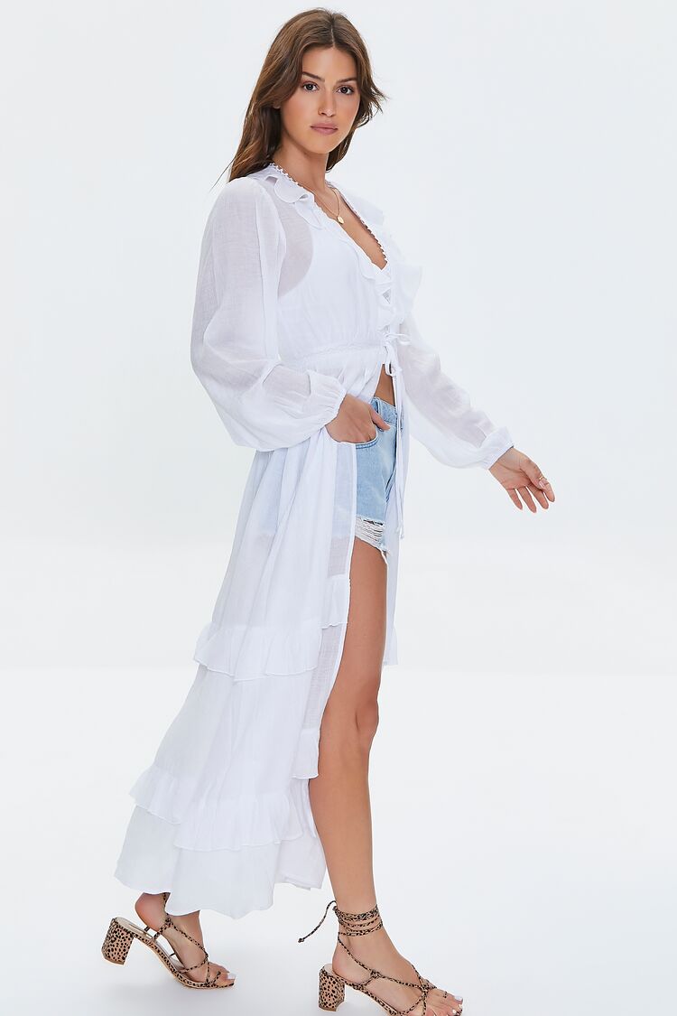 Women Ruffle-Trim Duster Kimono in White Large FOREVER 21 on sale 2022 4