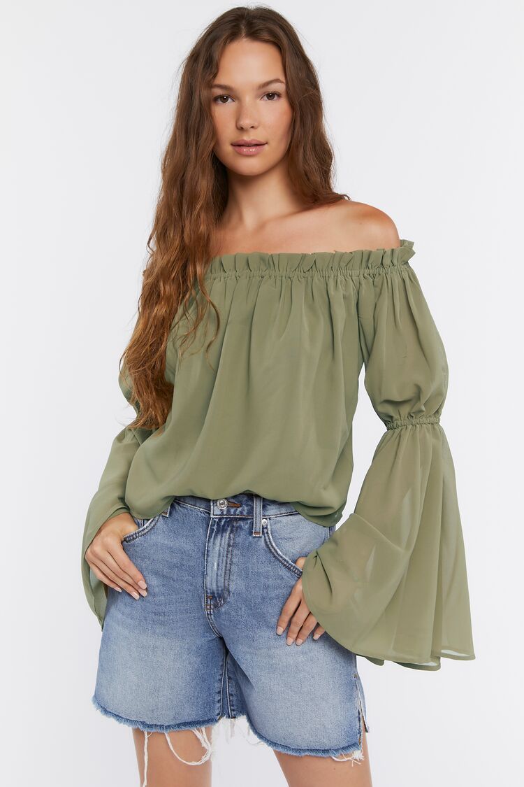Women Bell Sleeve Off-The-Shoulder Top in Olivine ,  XS FOREVER 21 on sale 2022