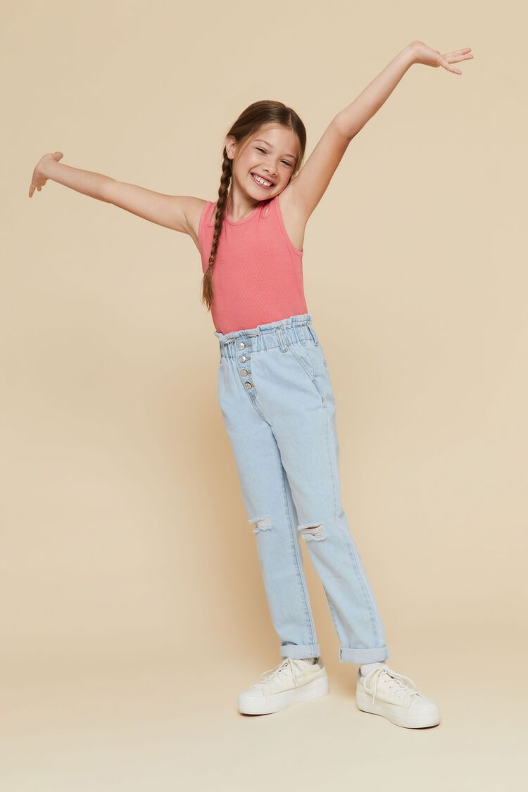 Girls Distressed Paperbag Jeans (Kids) in Light Denim,  5/6 (Girls on sale 2022