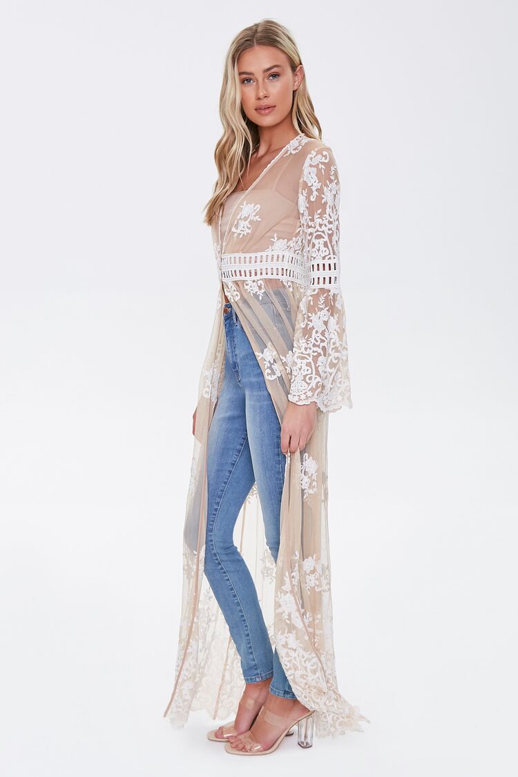 Women Sheer Crochet Lace Kimono in Nude/Cream Large FOREVER 21 on sale 2022 4