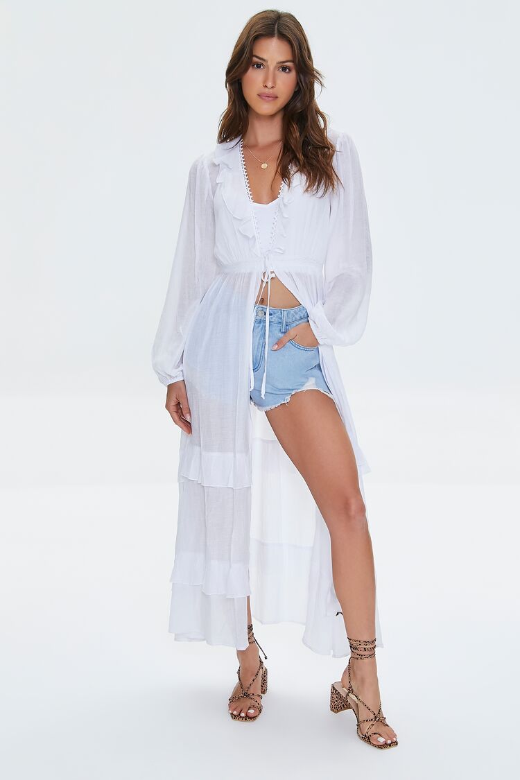 Women Ruffle-Trim Duster Kimono in White Large FOREVER 21 on sale 2022 6