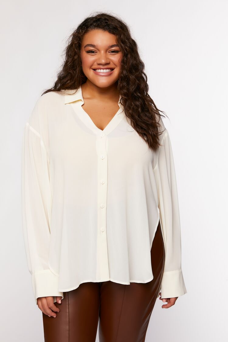 Women’s High-Low Long-Sleeve Shirt in Vanilla,  3X High-Low on sale 2022