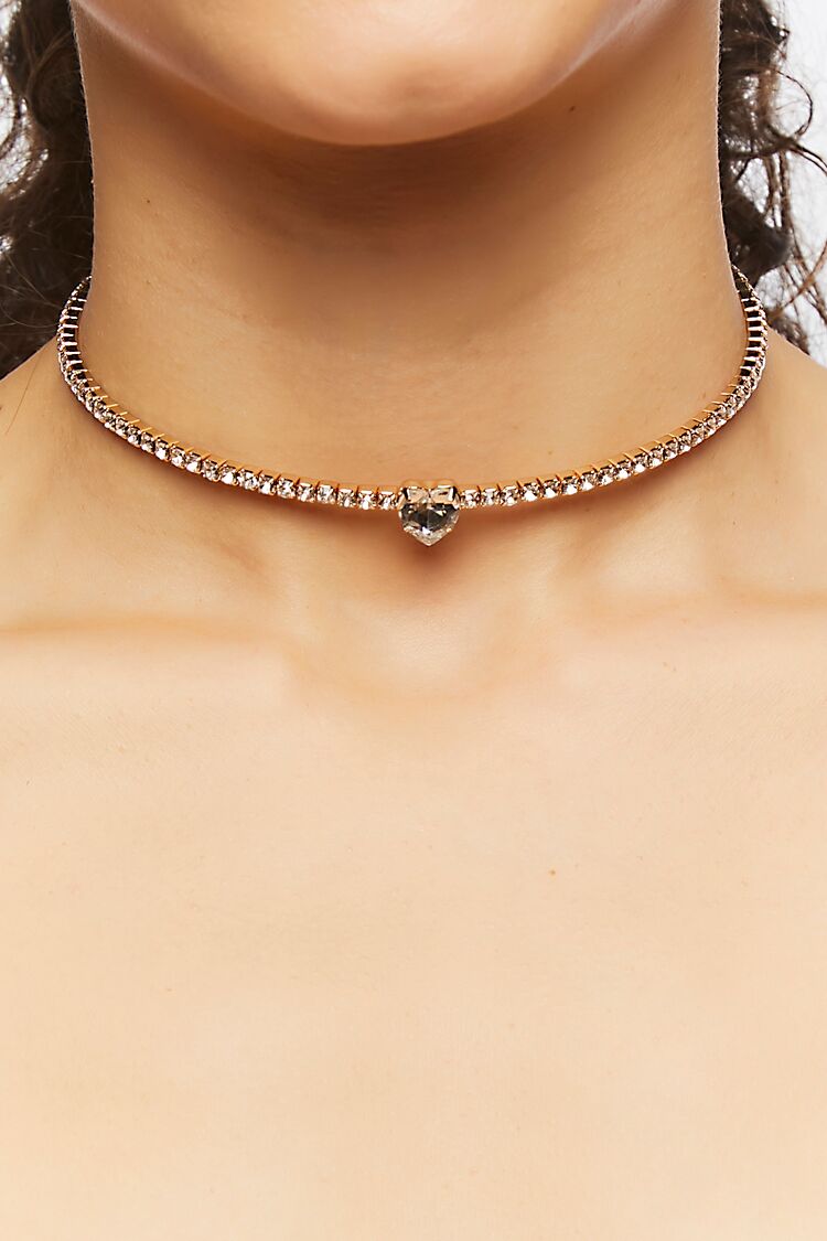 Women’s Faux Gem Heart Choker Necklace in Clear/Gold Accessories on sale 2022