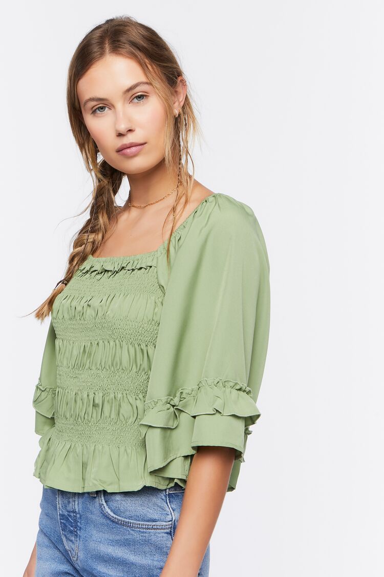 Women Smocked Ruffle-Trim Top in Sage,  XL FOREVER 21 on sale 2022 2