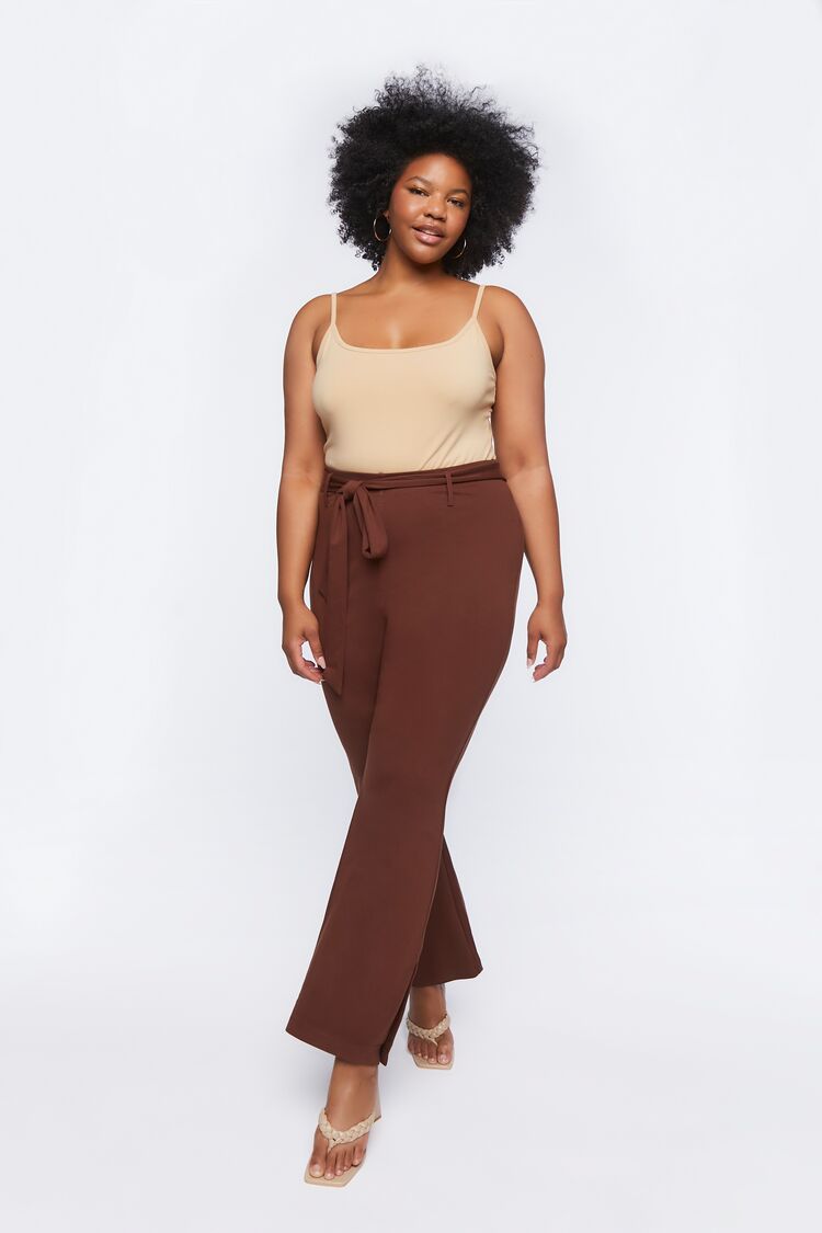 Women Belted Flare Pants in Chocolate,  3X
