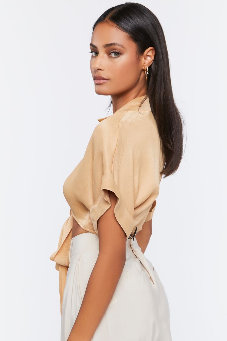 Women Satin Tie-Front Crop Top in Safari Large FOREVER 21 on sale 2022 2