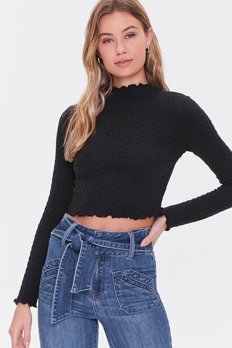 Women Cable Knit Mock Neck Crop Top in Black Medium FOREVER 21 on sale 2022 2