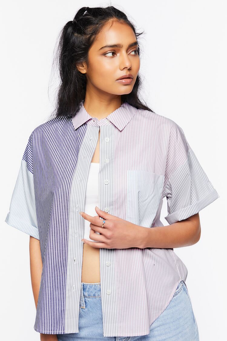 Women Colorblock Striped Shirt in Navy,  XL FOREVER 21 on sale 2022