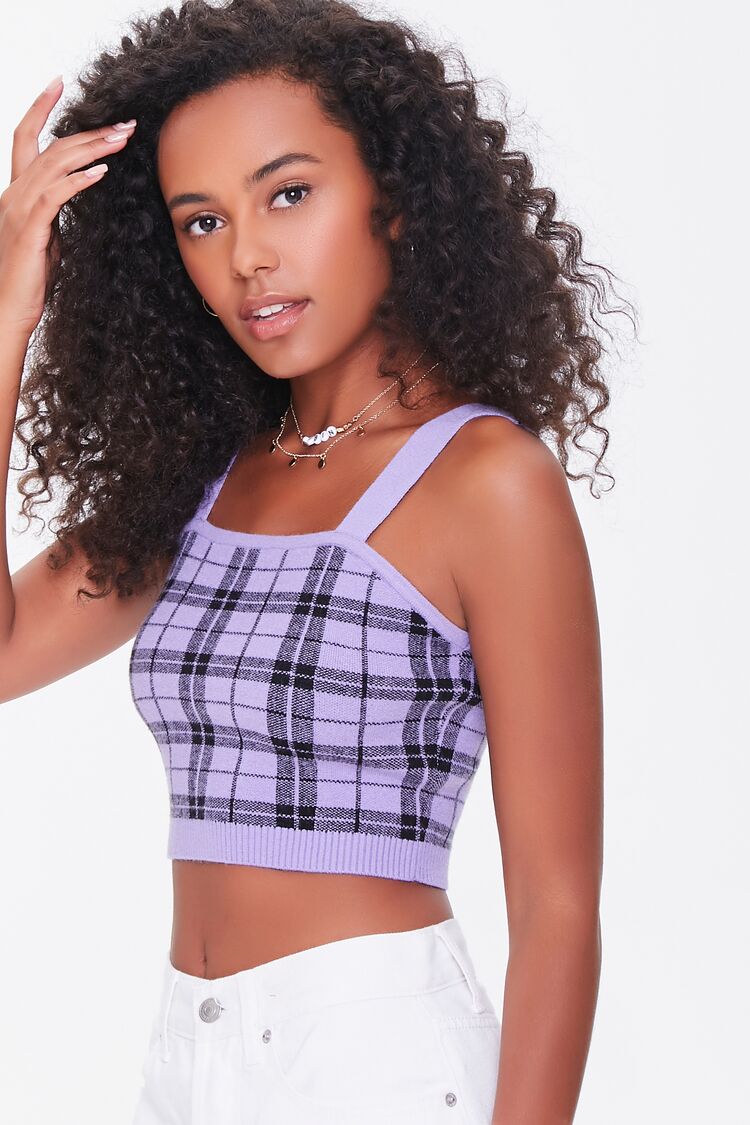 Women’s Sweater-Knit Plaid Cropped Cami in Purple/Black Small cami on sale 2022 2