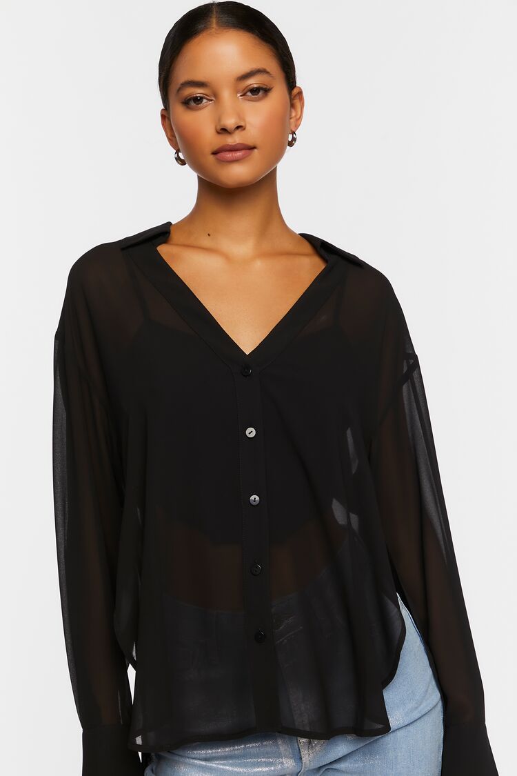 Women’s Semi-Sheer V-Neck Shirt in Black Medium black on sale 2022