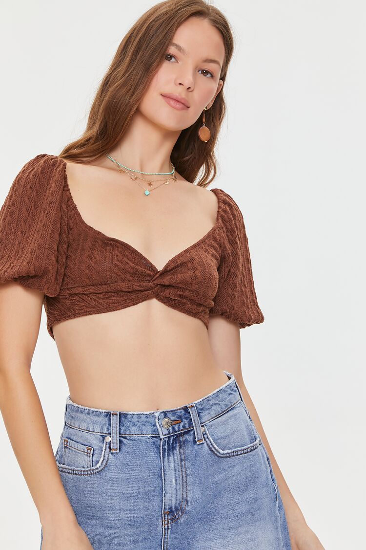 Women Cable Knit Twist-Front Crop Top in Brown Medium FOREVER 21 on sale 2022