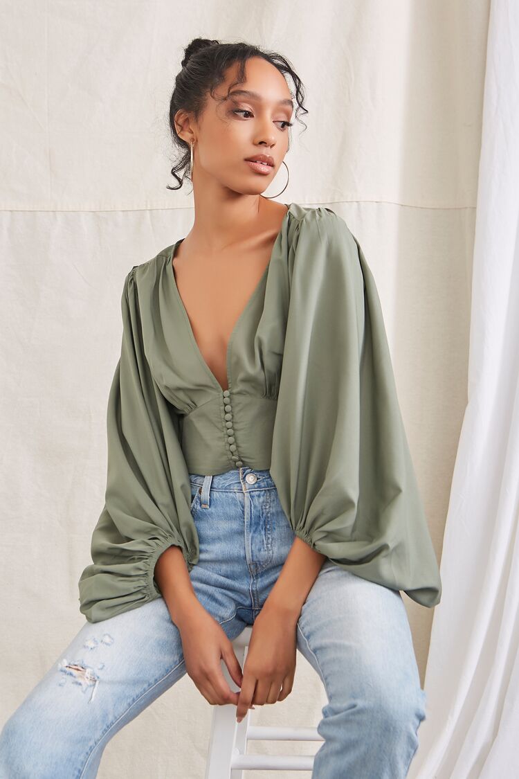 Women Balloon-Sleeve Crop Top in Sage Large FOREVER 21 on sale 2022