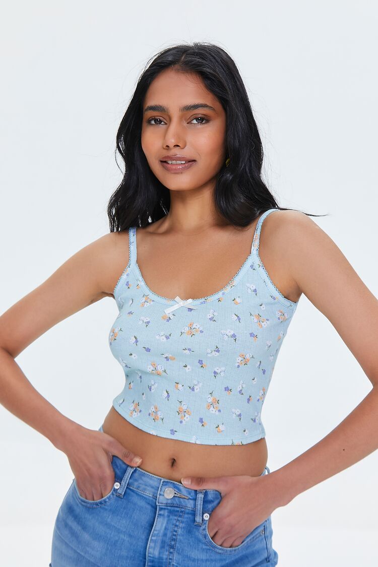 Women Floral Print Ribbed Cami in Sky Blue,  XL FOREVER 21 on sale 2022