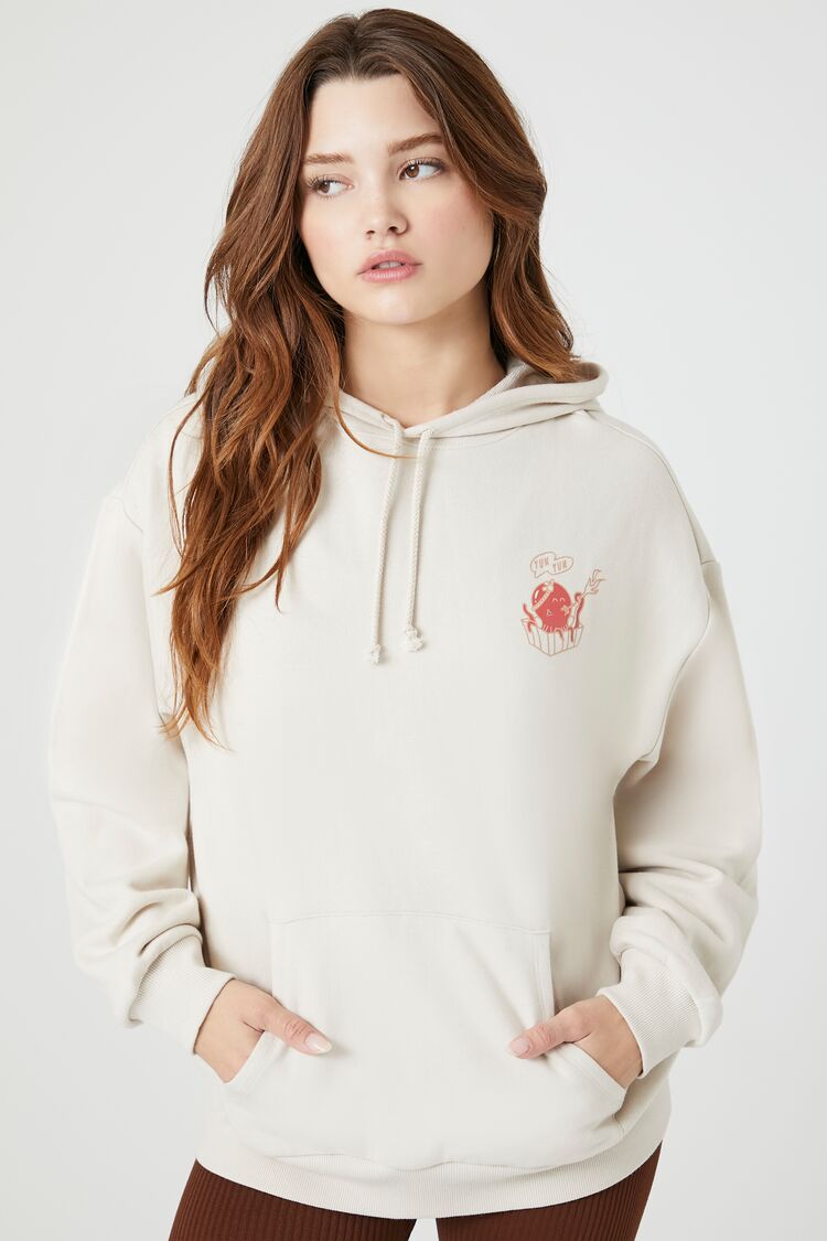 Forever 21 Women's Takoyaki House Graphic Hoodie Sweatshirt in Taupe/Taupe Small | Logo | 60% Cotton, 40% Polyester | F21