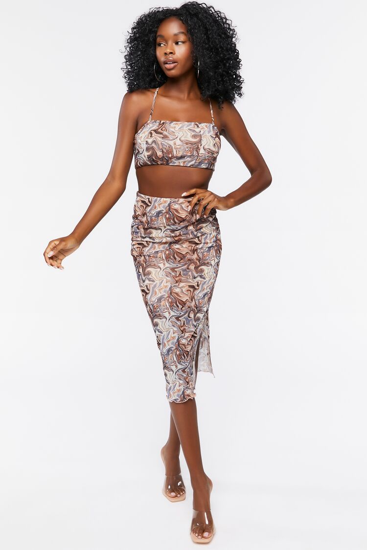 Women Marble Print Cropped Cami & Skirt Set in Brown,  XL FOREVER 21 on sale 2022