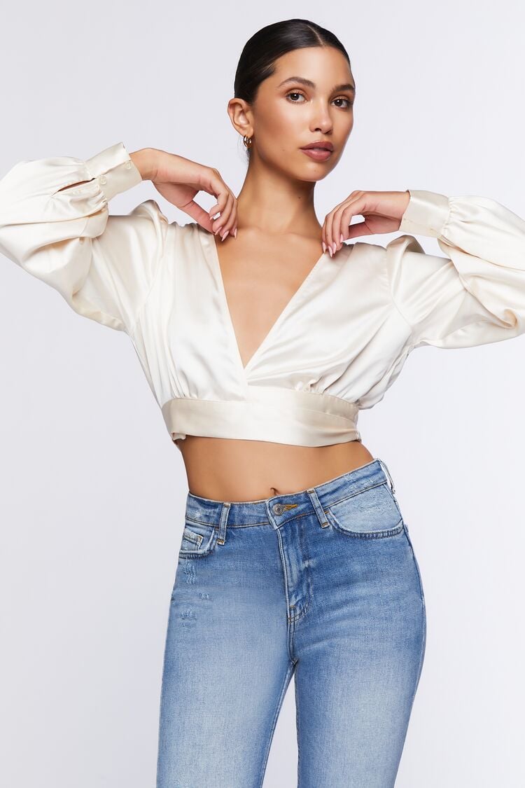 Women’s Satin Cropped Wrap Top in Vanilla,  XL Cropped on sale 2022