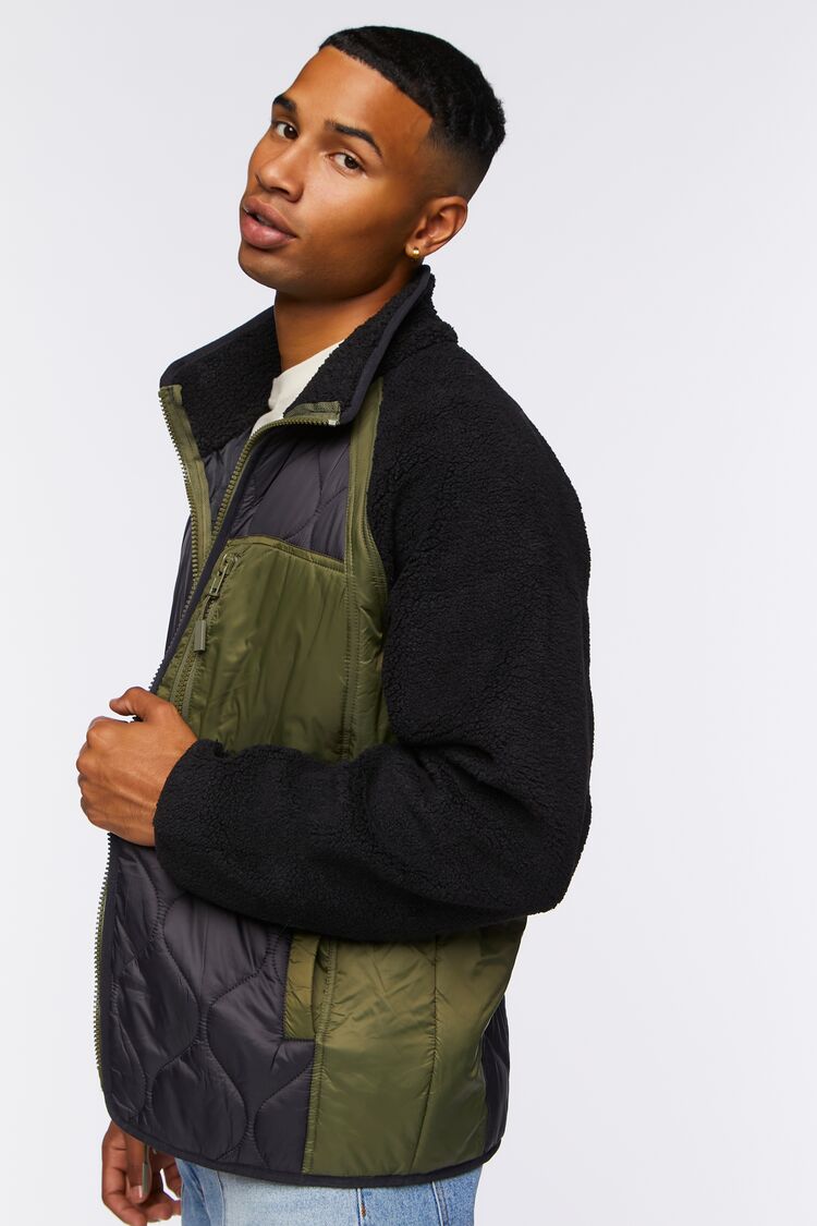 Men Colorblock Quilted Bomber Jacket in Black/Olive Small 21MEN on sale 2022 2