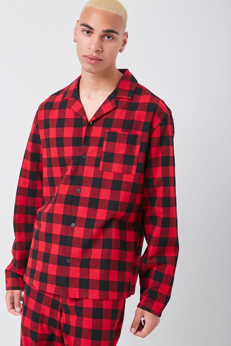 Men Buffalo Plaid Pajama Shirt in Red/Black Large 21MEN on sale 2022 3