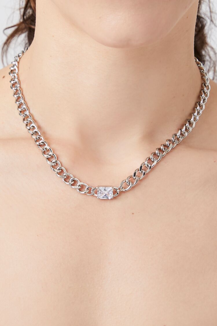 Women's Faux Gem Curb Chain Necklace in Silver