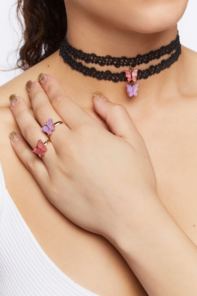 Girls Butterfly Choker Necklace & Ring Set (Kids) in Pink/Black (Girls on sale 2022