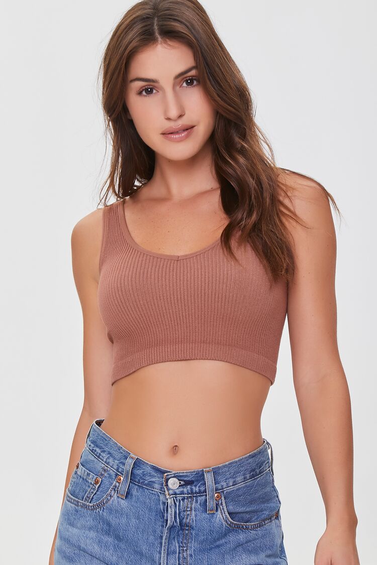 Women Seamless Ribbed Knit Bralette in Root Beer Small
