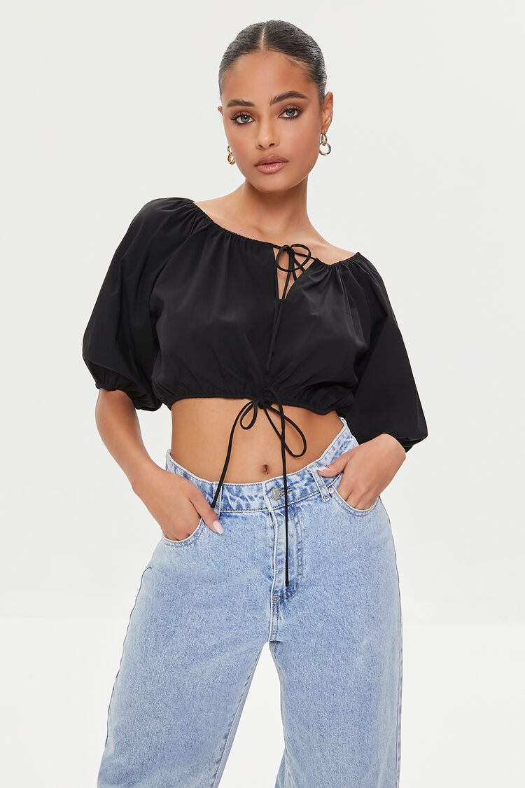 Women Balloon-Sleeve Crop Top in Black Large FOREVER 21 on sale 2022