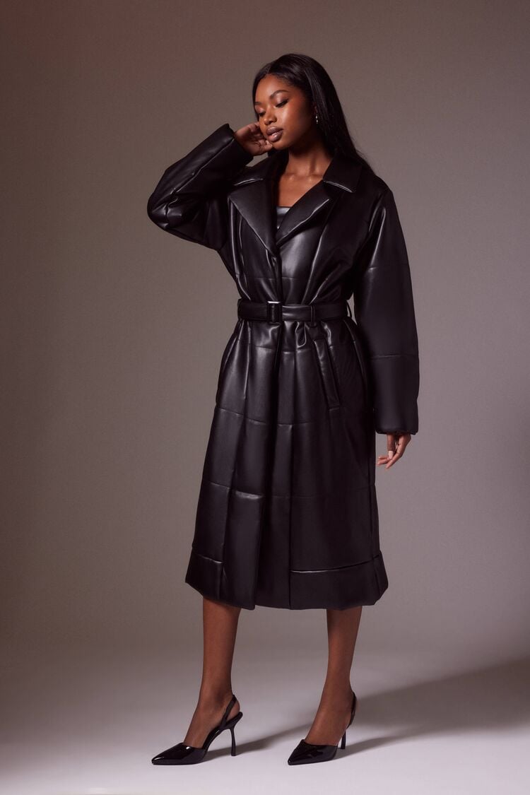 Faux Leather Longline Puffer Coat