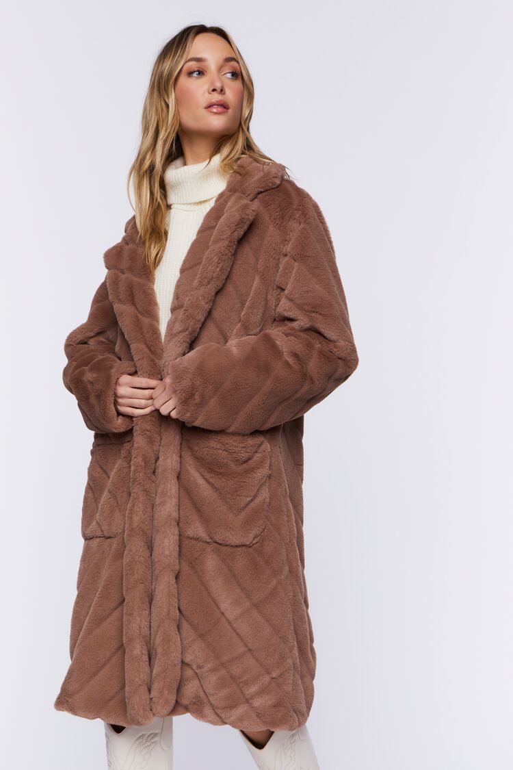 Women’s Faux Fur Chevron Duster Coat in Taupe Large Chevron on sale 2022 6