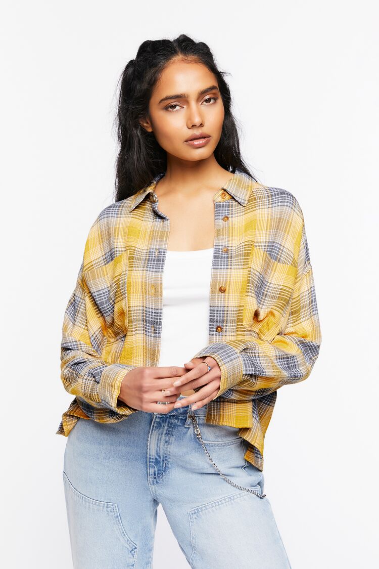 Women’s High-Low Plaid Shirt in Gold Medium Forever on sale 2022