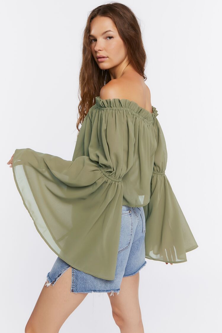 Women Bell Sleeve Off-The-Shoulder Top in Olivine ,  XS FOREVER 21 on sale 2022 2