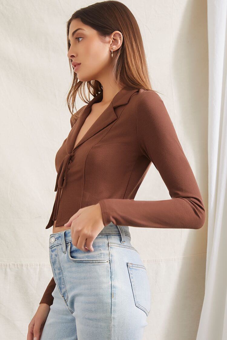 Women Long-Sleeve Tie-Front Top in Brown Small FOREVER 21 on sale 2022 2