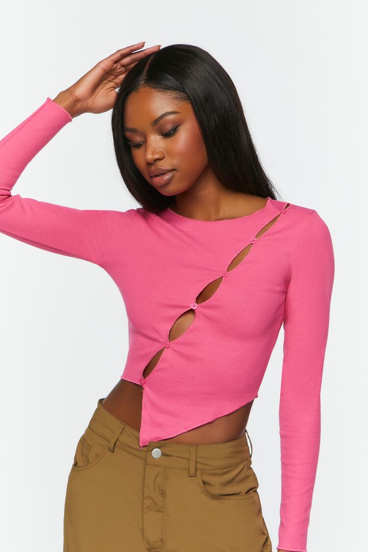 Women’s Asymmetrical Cutout Button-Front Top in Pink Medium Asymmetrical on sale 2022