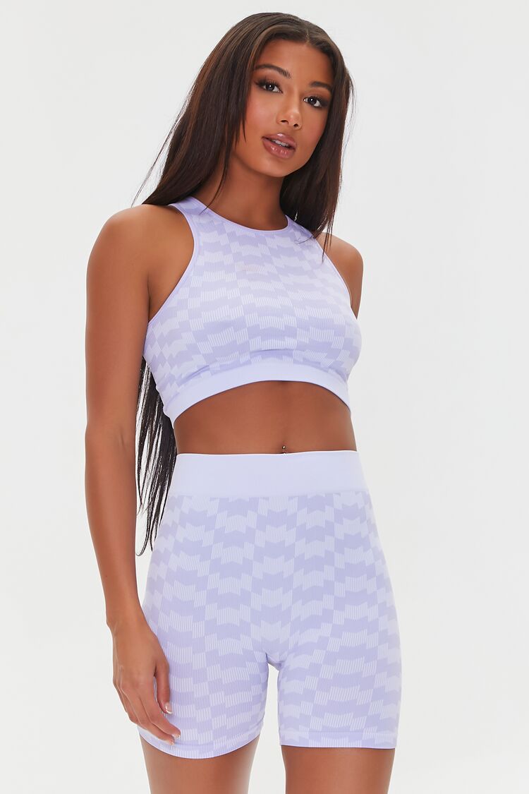 Women Checkered Print Crop Top & Biker Shorts Set in Lilac/Purple,  M/L FOREVER 21 on sale 2022 3