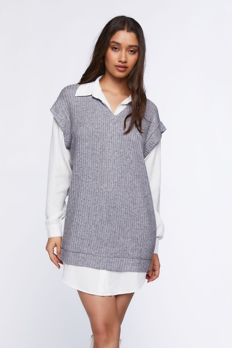 Women's Sweater Vest & Shirt Combo Dress in Heather Grey/White Small - 2023  ❤️ CooperativaShop ✓