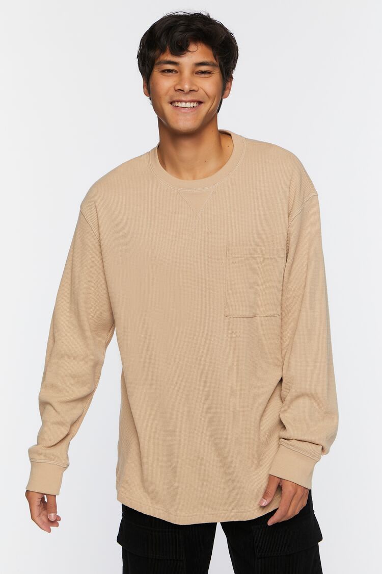 Men Waffle Knit Long-Sleeve Tee in Taupe,  XL 21MEN on sale 2022