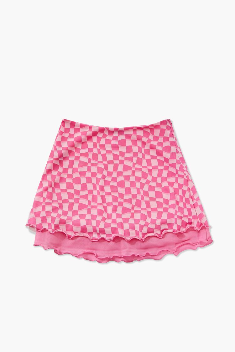 Girls Checkered Tiered Skirt (Kids) in Pink/Orange,  11/12 (Girls on sale 2022