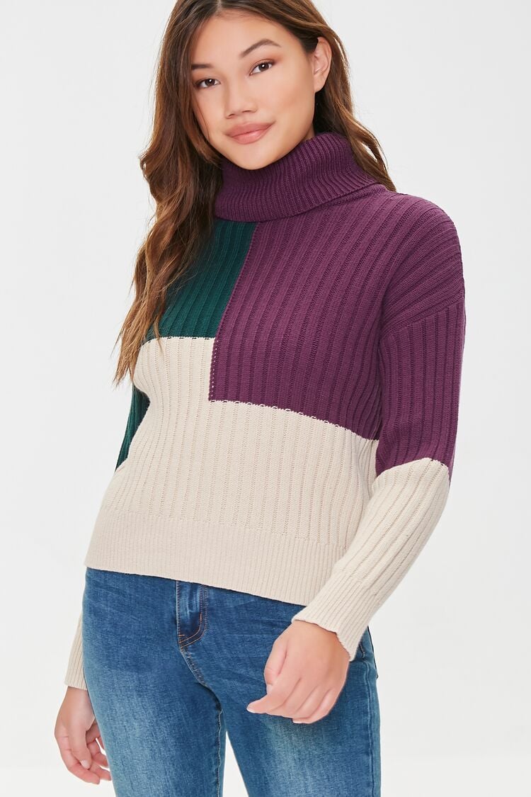 Women Colorblock Turtleneck Sweater in Beige Small FOREVER 21 on sale 2022