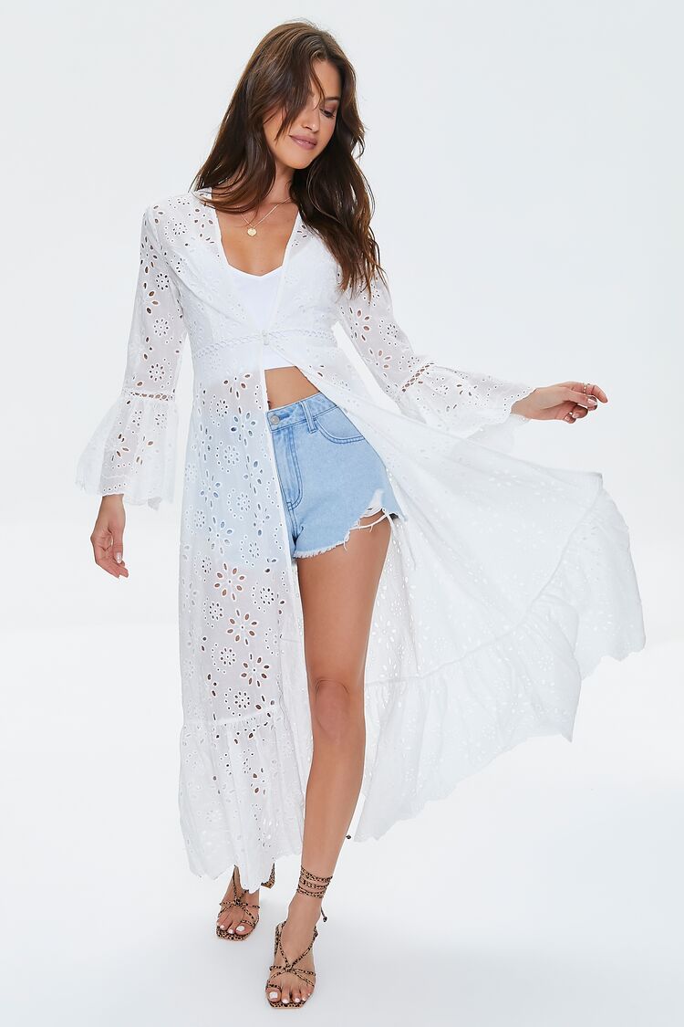 Women’s Floral Eyelet Lace Duster Kimono in White Small Duster on sale 2022 7