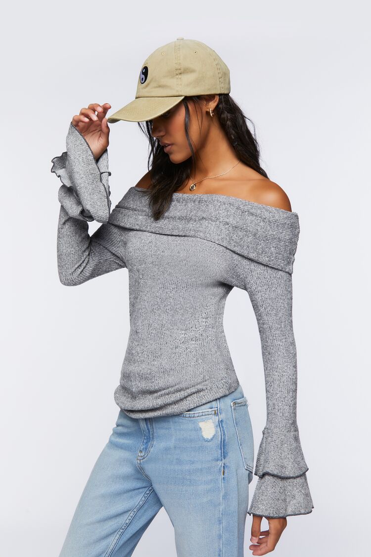Women’s Off-the-Shoulder Trumpet-Sleeve Tunic in Heather Grey Large Forever on sale 2022 2