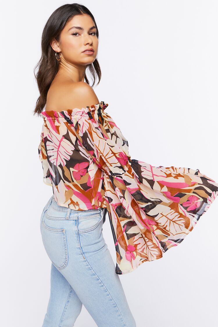Women Tropical Print Off-The-Shoulder Top in Black Large FOREVER 21 on sale 2022 2